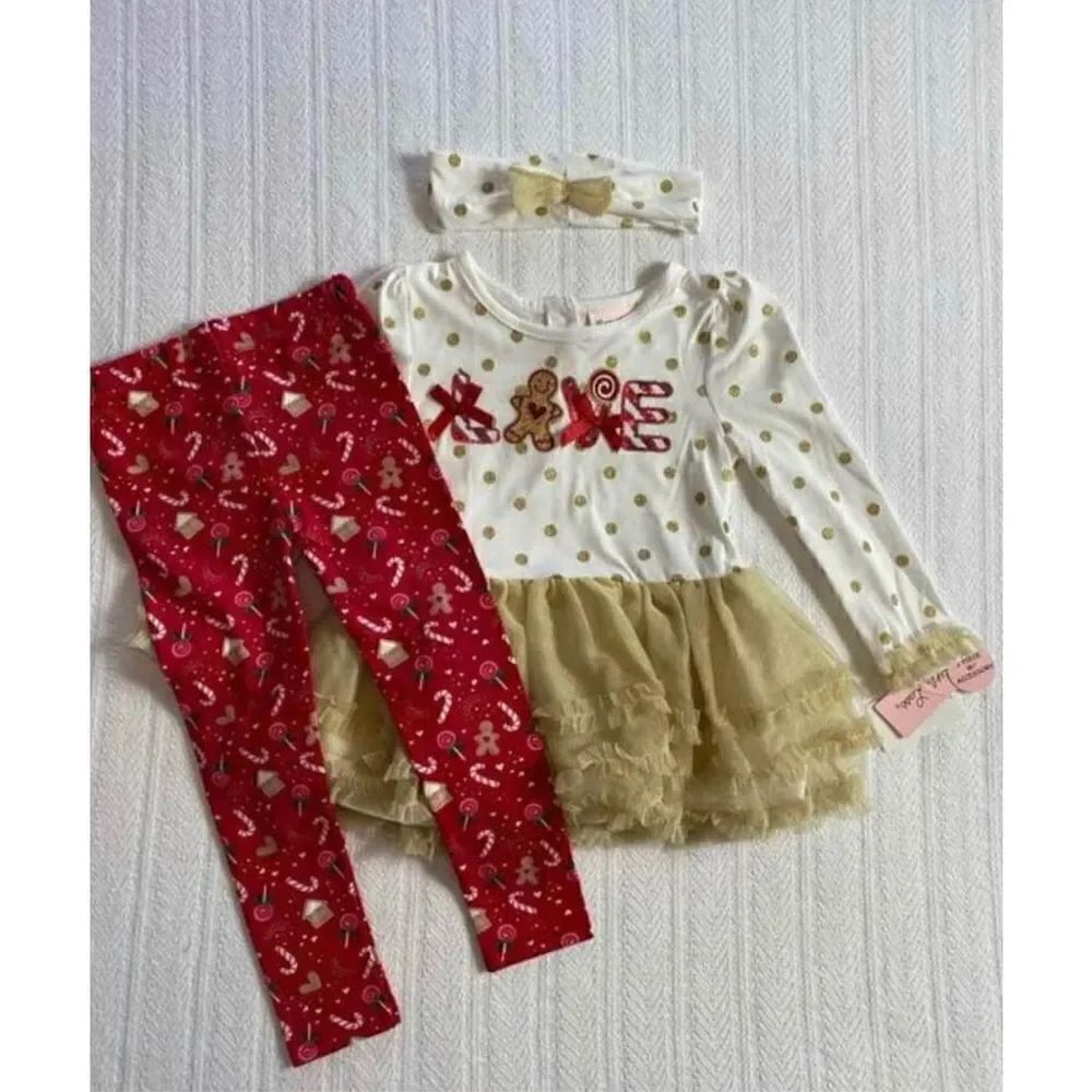 Little Lass Girls Size 4 3-Piece Gold and Red Frilly Holiday Outfit